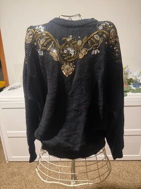 Black Embellished Crewneck Sweater with Gold Accents
